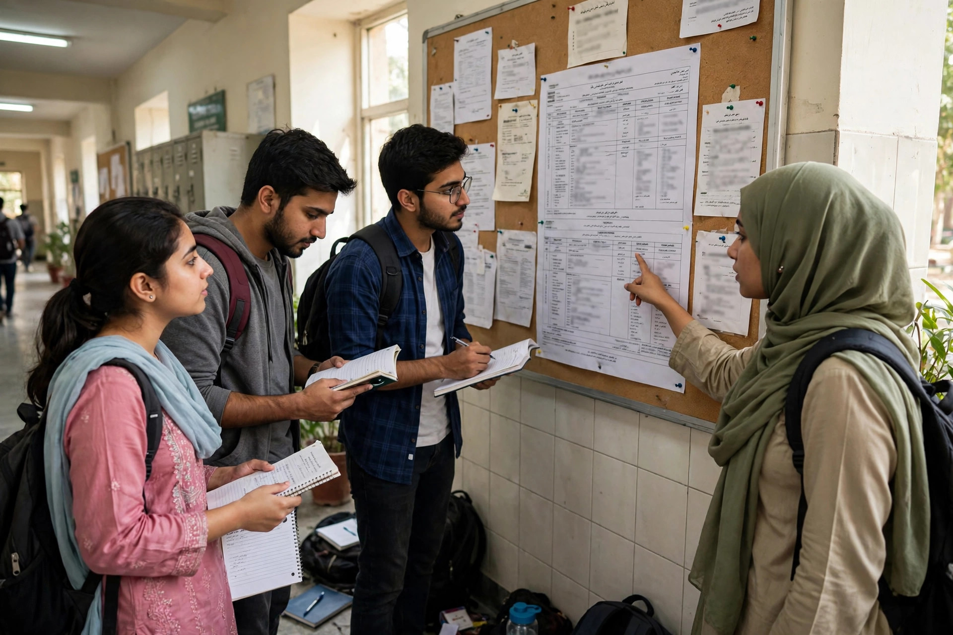 Students checking an exam timetable on a college notice board in Pakistan — upcoming education dates calendar