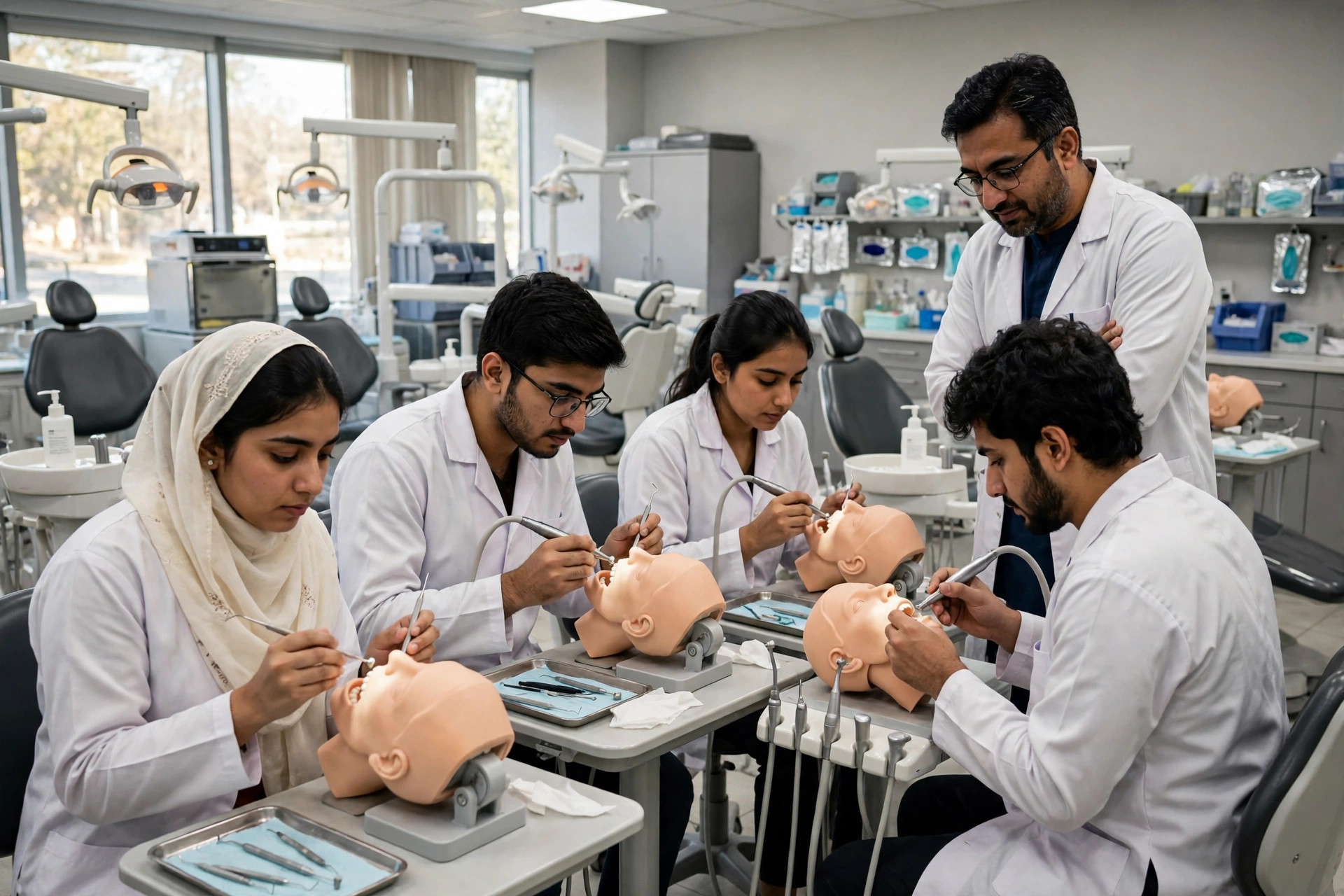 Dental students in white coats training in a dental teaching clinic in Punjab — UHS BDS closing merits explained