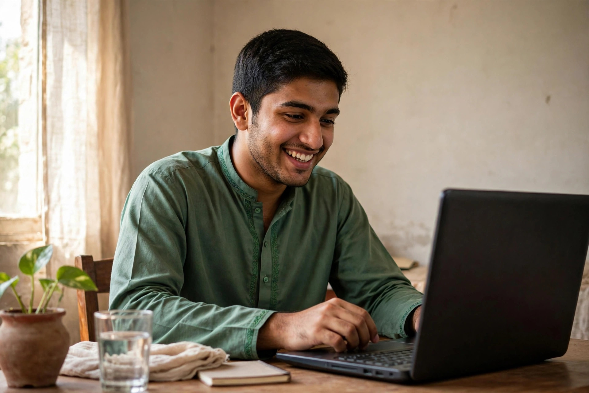 College student in green checking the BISE DG Khan 11th class result 2026 on a laptop — online, SMS and gazette methods