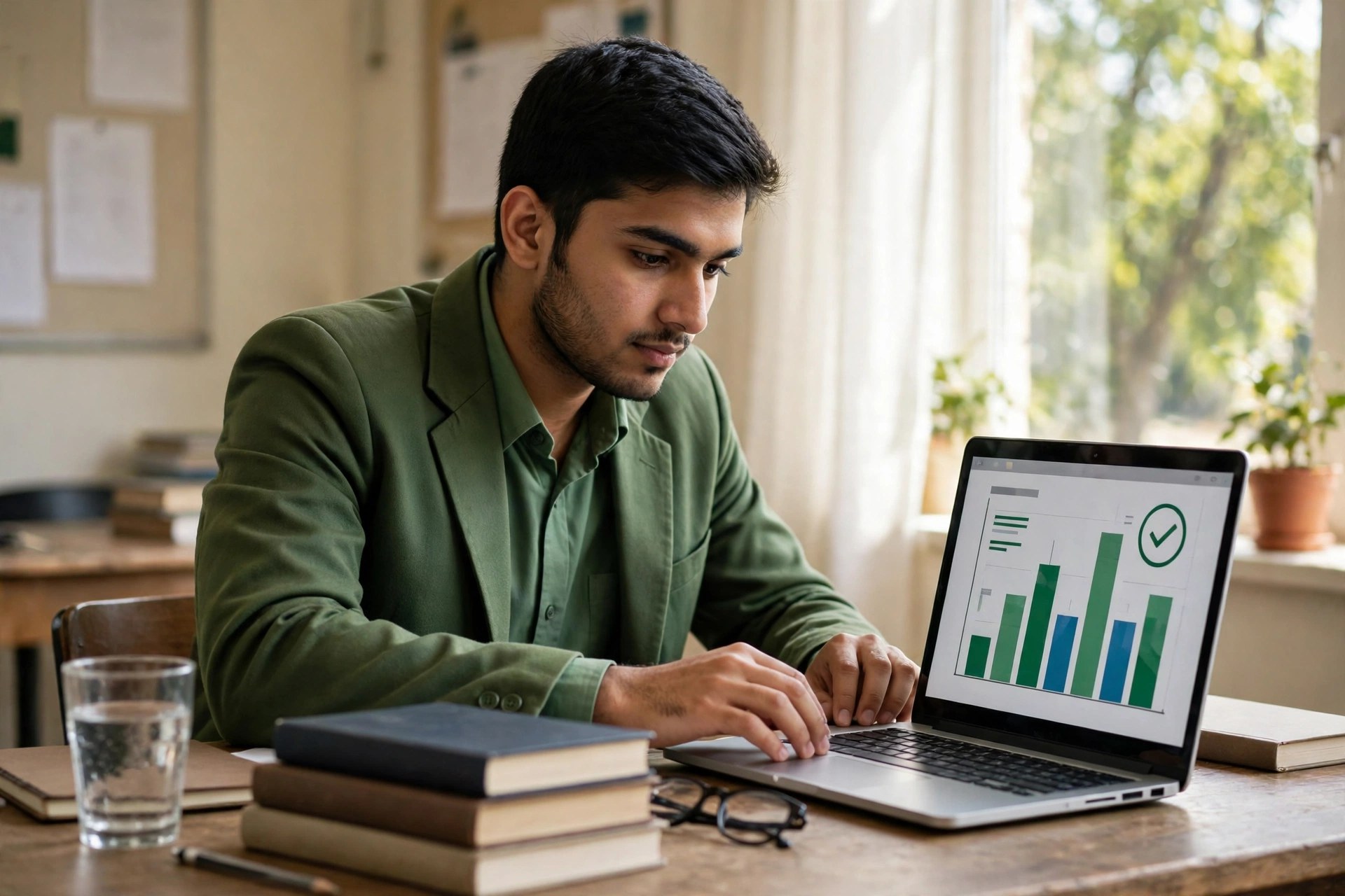 College student checking the BISE Sahiwal 11th class result 2026 on a laptop — online, SMS and gazette methods