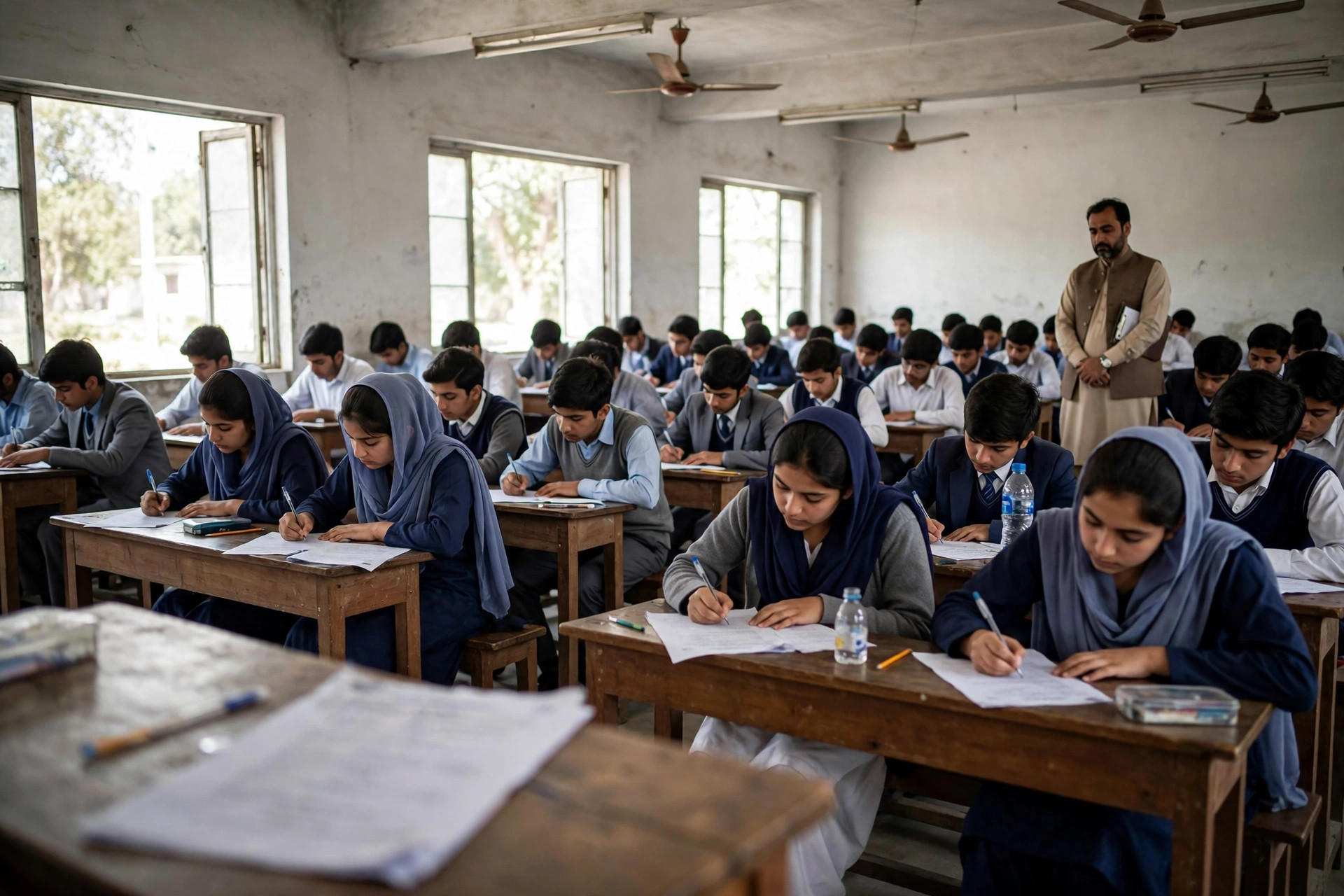 Students writing their board exam in a Pakistani examination hall — the paper pattern of MCQs, short and long questions explained