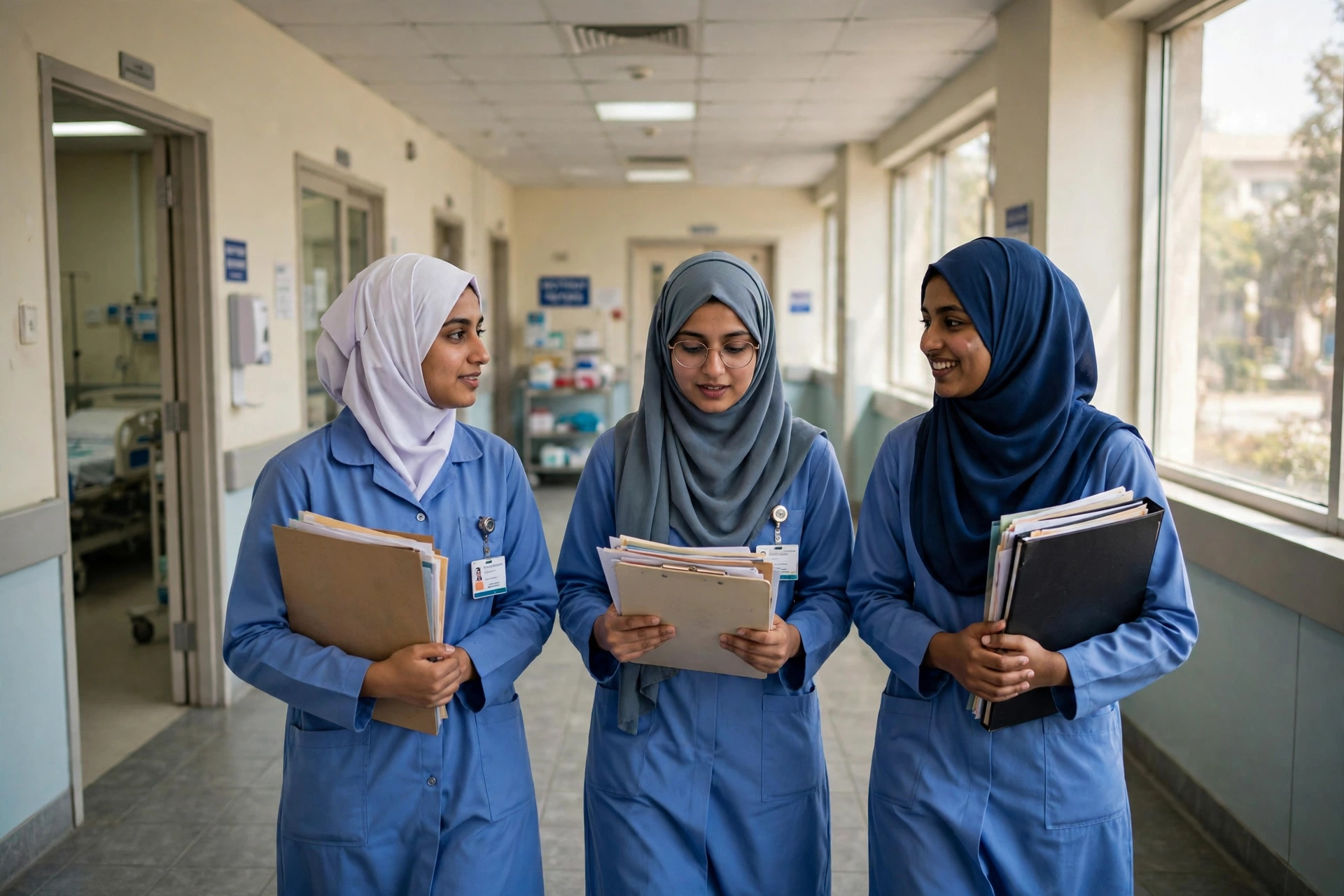 Nursing students in uniform walking through a teaching hospital corridor in Punjab — BSN merit lists guide