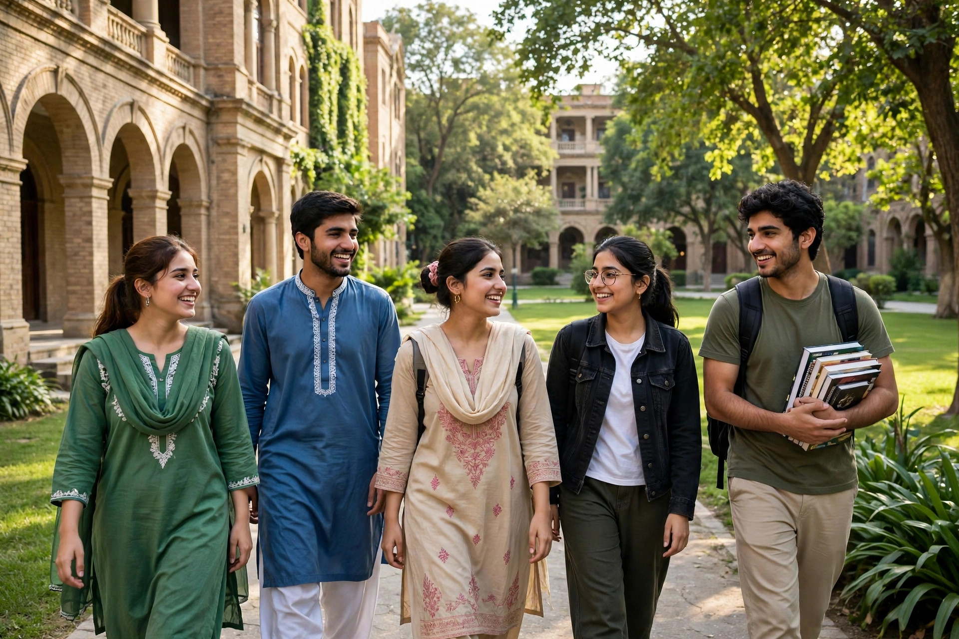 Pakistani university students walking on a green campus in Punjab — CM Punjab Honhaar Scholarship 2026 Phase IV