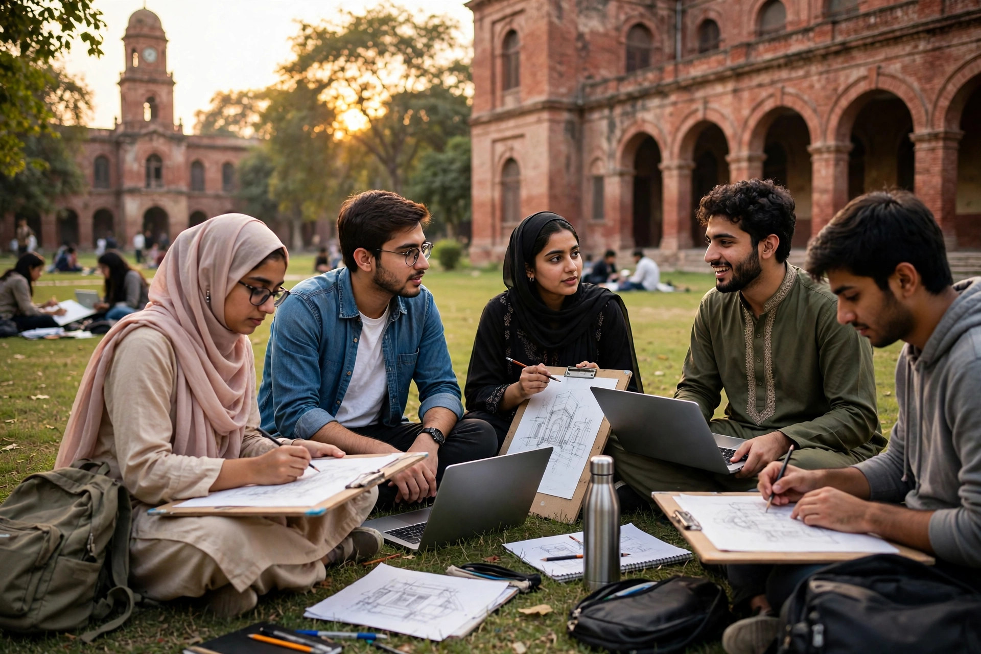 Engineering students with laptops on the lawn of a historic engineering university campus in Lahore — UET ECAT merit lists guide