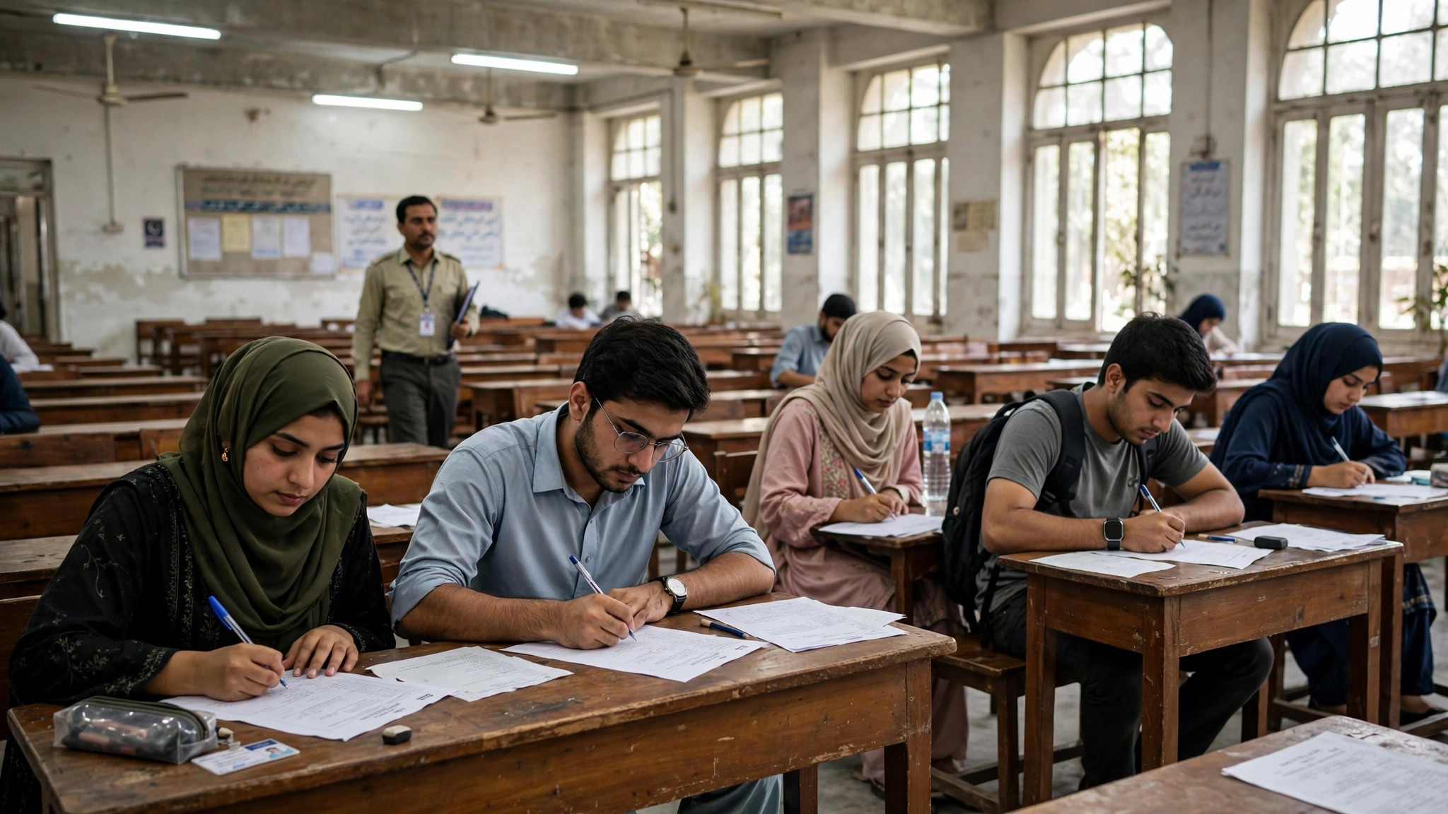 Students writing an entry test in a university examination hall in Pakistan