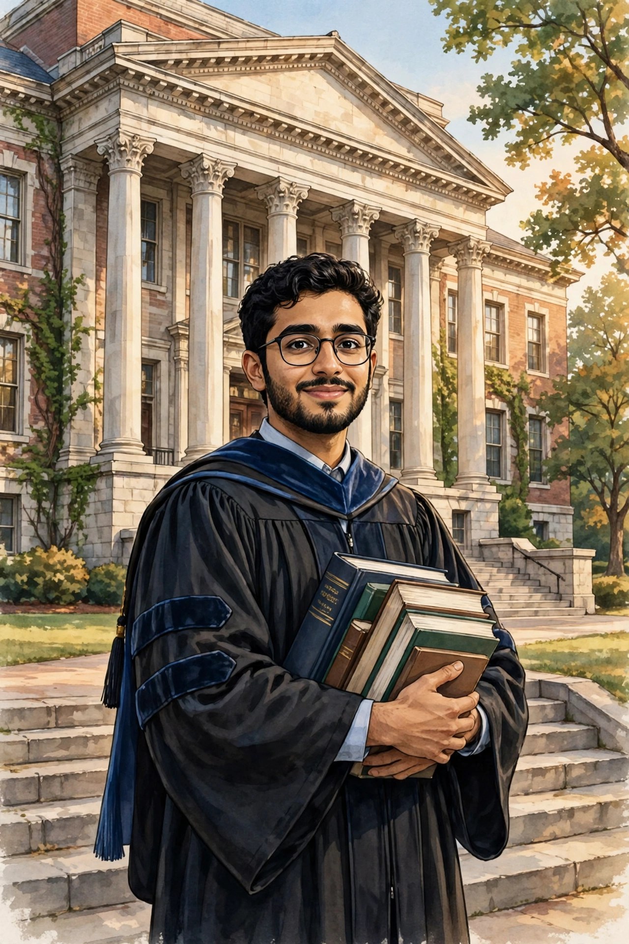 Pakistani PhD graduate student in a gown holding books in front of an American university campus building — HEC US-Pakistan Knowledge Corridor scholarship