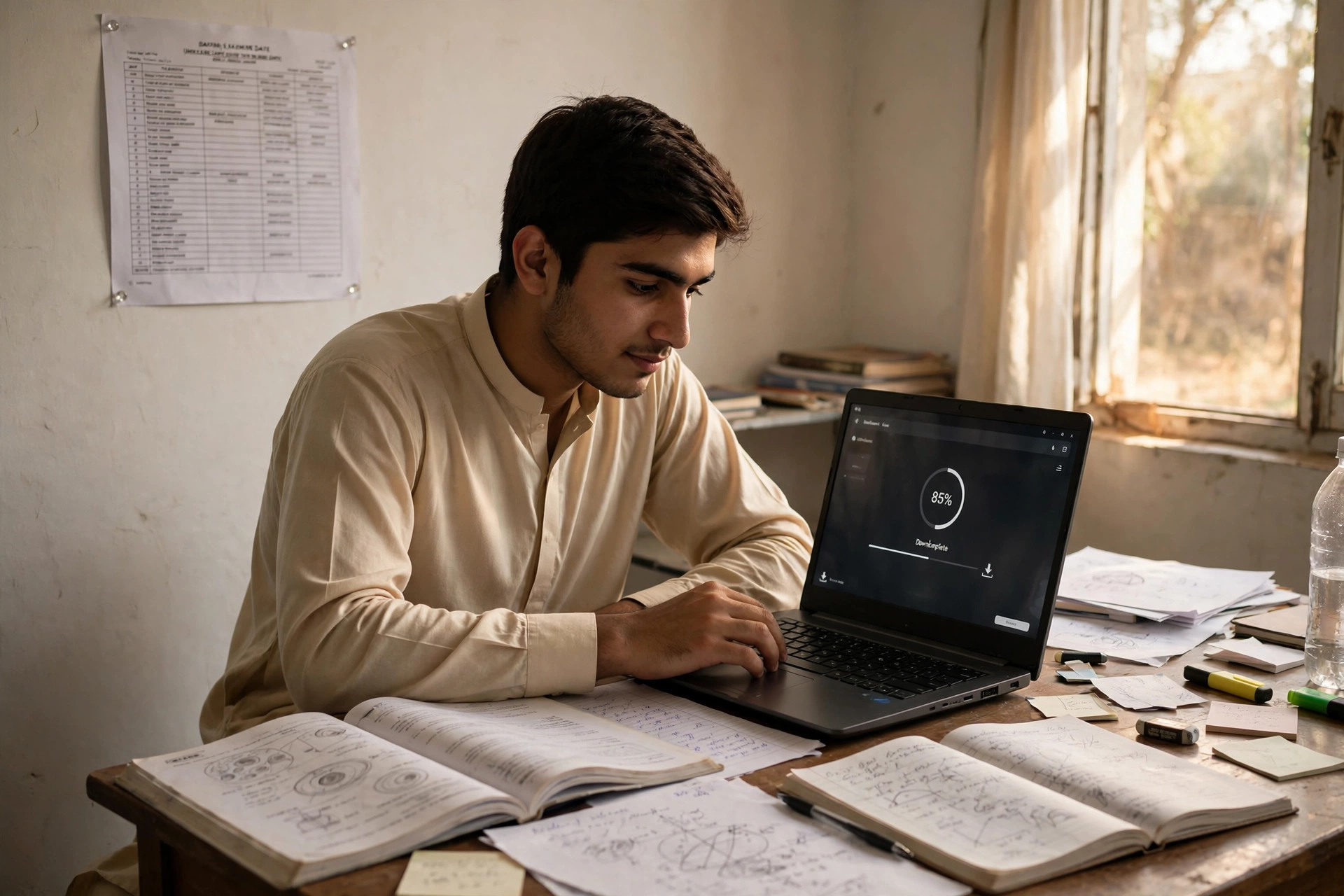 Pakistani student preparing for the Inter 2nd Annual supplementary exam 2026 and downloading his roll number slip on a laptop