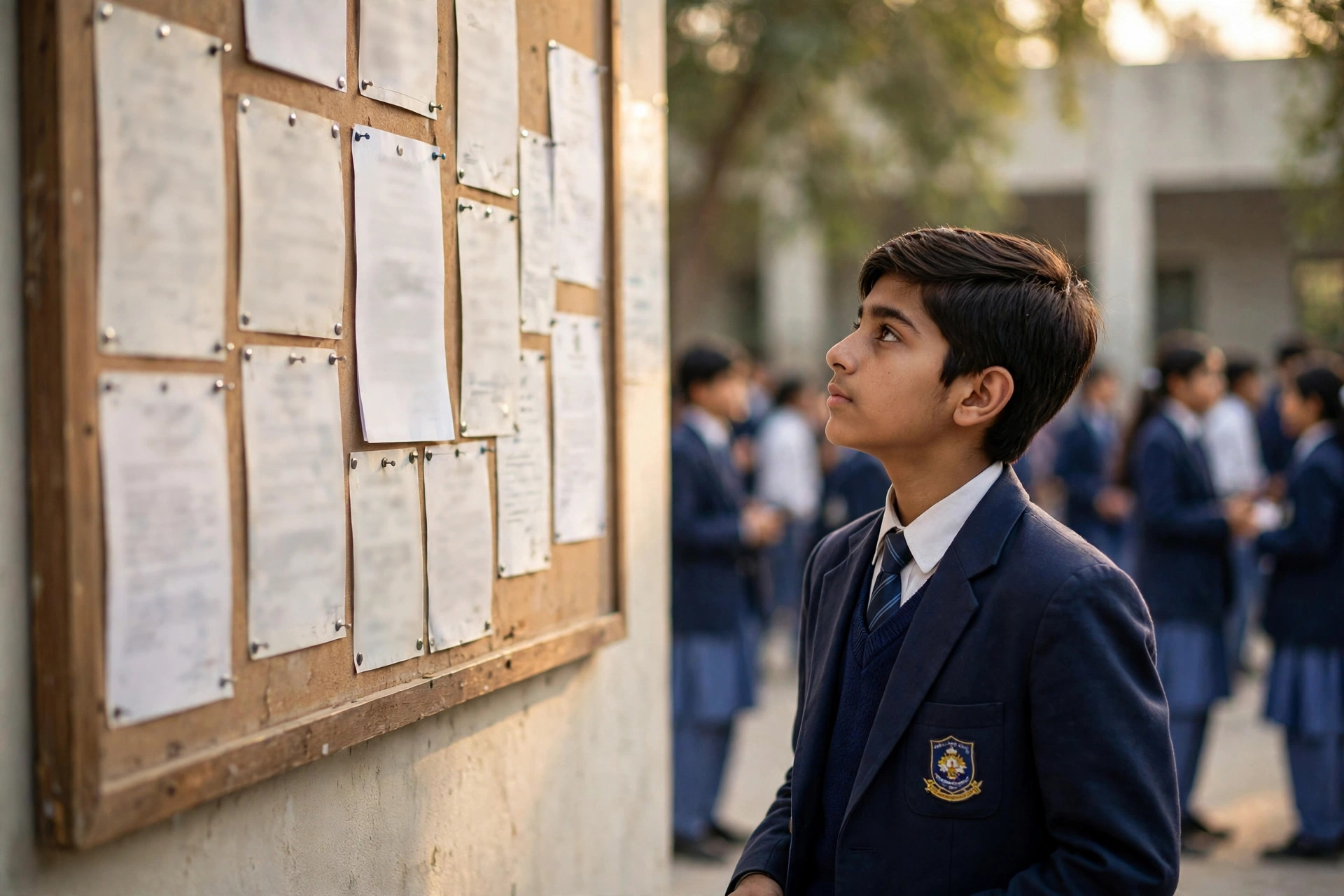 A student reading an official notice pinned to a school notice board in Karachi