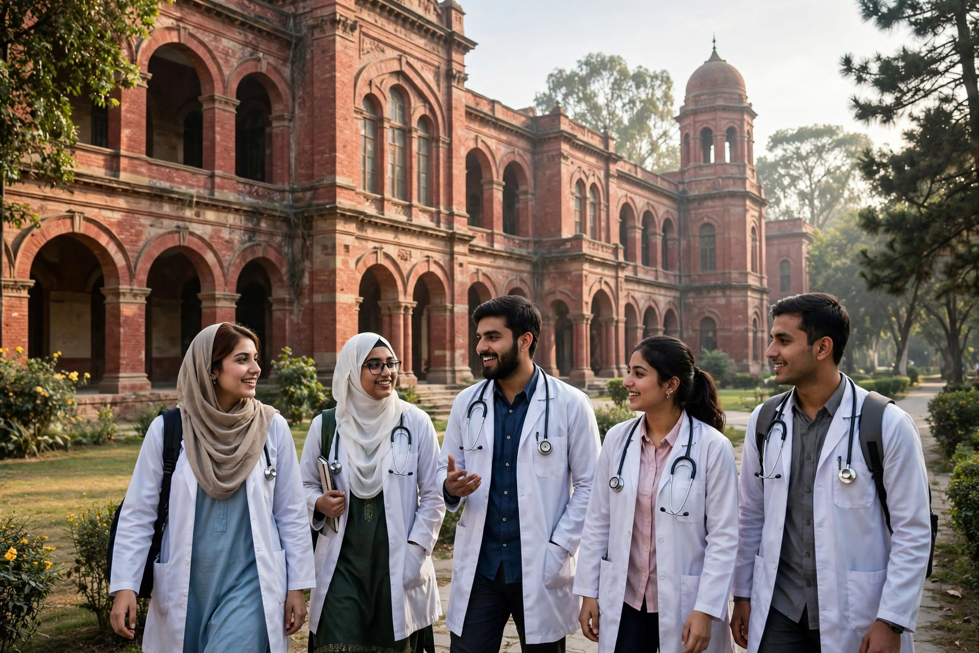 Medical students in white coats outside a historic medical university building in Punjab — UHS MBBS closing merits explained