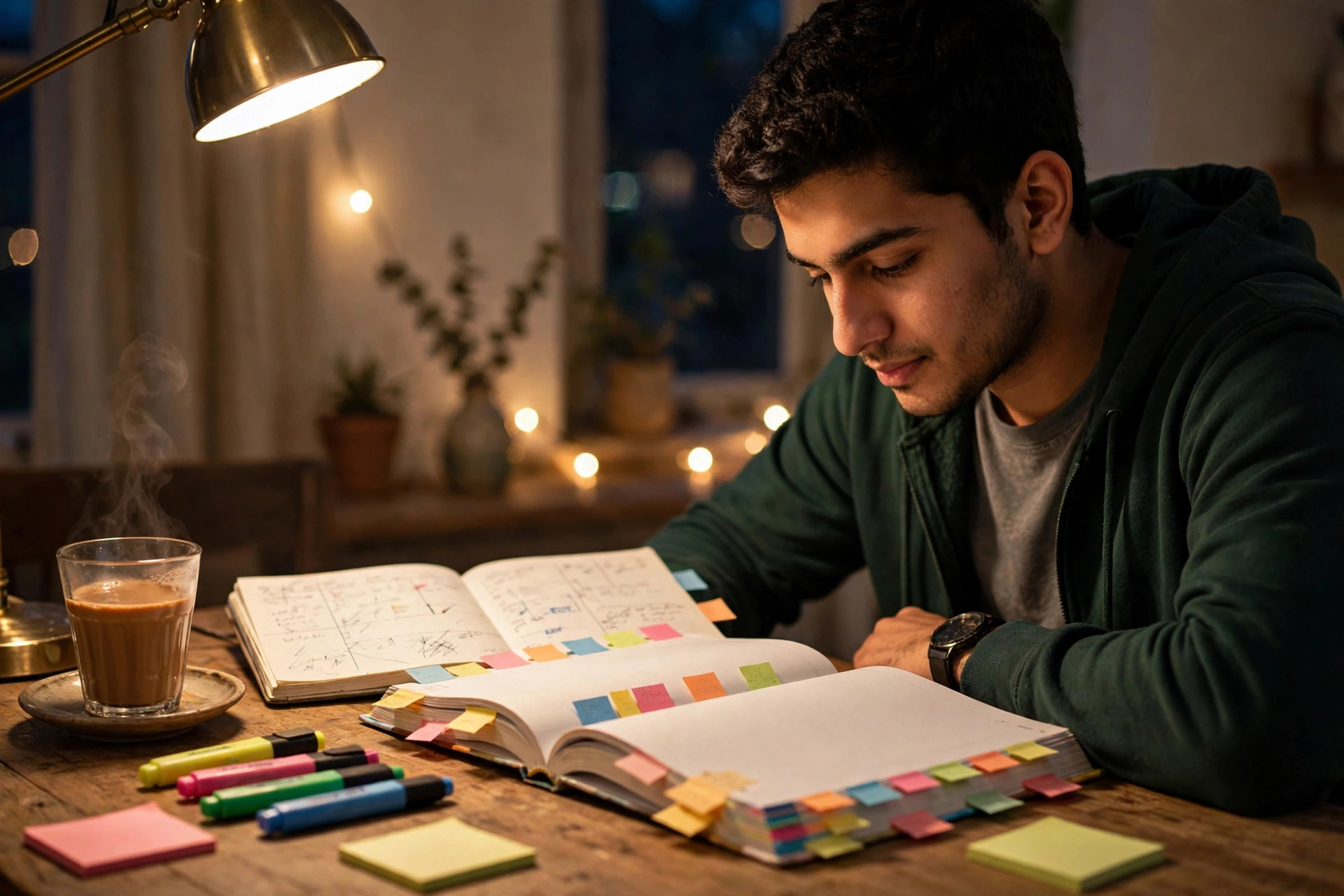 Pakistani student studying at home with sticky notes marking textbook chapters — using the pairing scheme for smart exam preparation