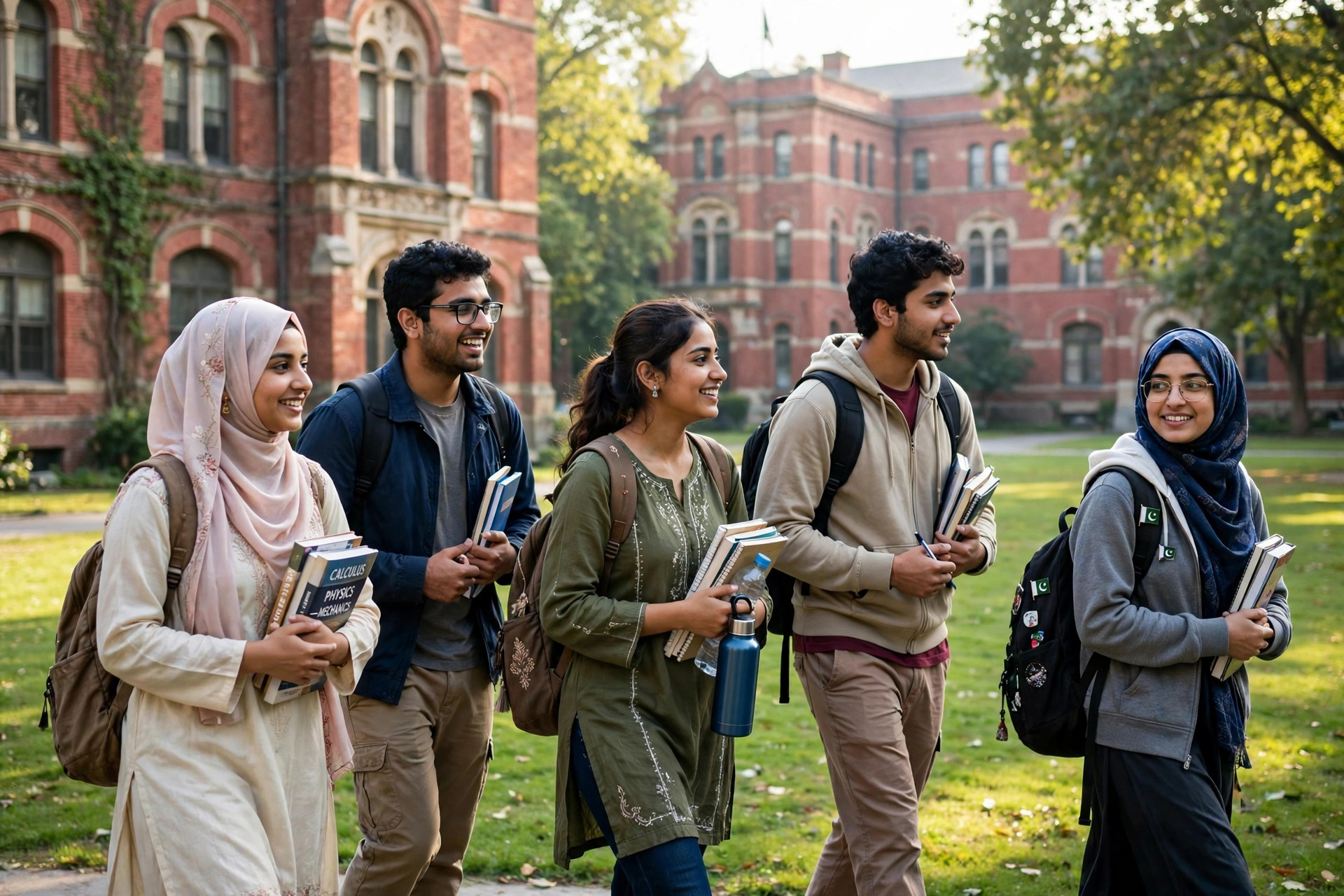Undergraduate university students walking across a campus lawn with books — scholarships for BS students in Pakistan